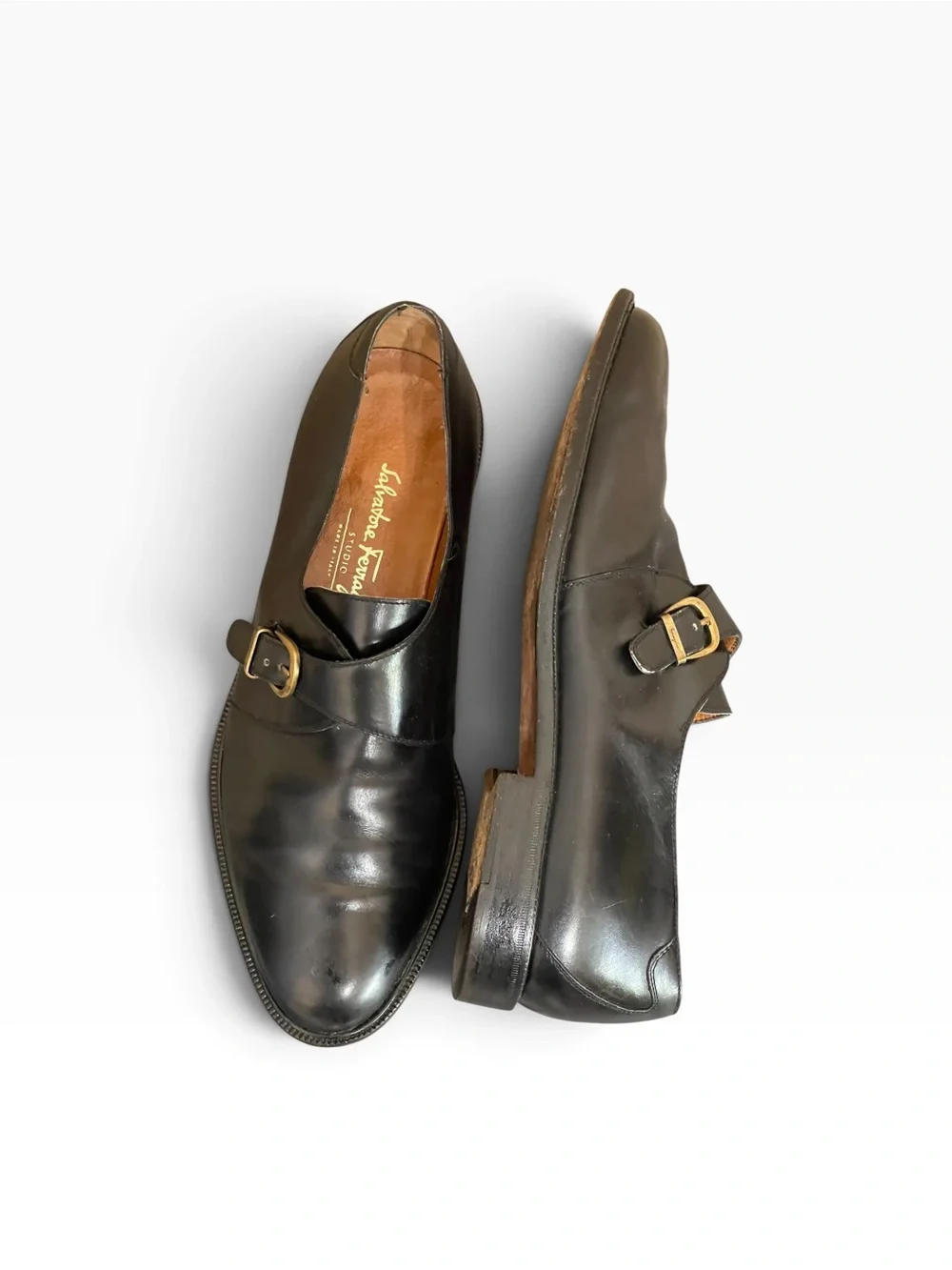 Salvatore Ferragamo Vintage Mens Black Leather Single Monk Strap Dress Shoes 10D